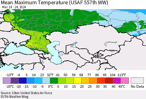 Russian Federation Mean Maximum Temperature (USAF 557th WW) Thematic Map For 3/18/2024 - 3/24/2024