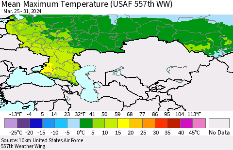 Russian Federation Mean Maximum Temperature (USAF 557th WW) Thematic Map For 3/25/2024 - 3/31/2024