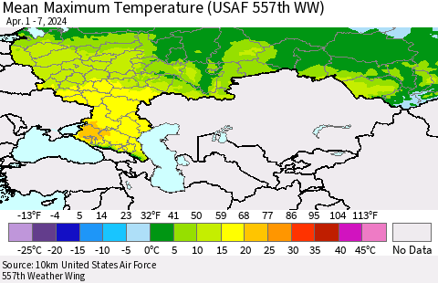 Russian Federation Mean Maximum Temperature (USAF 557th WW) Thematic Map For 4/1/2024 - 4/7/2024