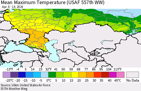 Russian Federation Mean Maximum Temperature (USAF 557th WW) Thematic Map For 4/8/2024 - 4/14/2024