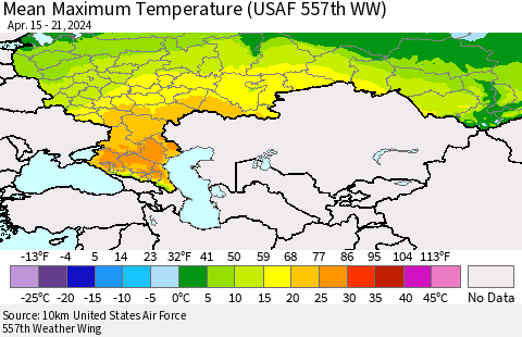Russian Federation Mean Maximum Temperature (USAF 557th WW) Thematic Map For 4/15/2024 - 4/21/2024