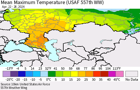 Russian Federation Mean Maximum Temperature (USAF 557th WW) Thematic Map For 4/22/2024 - 4/28/2024