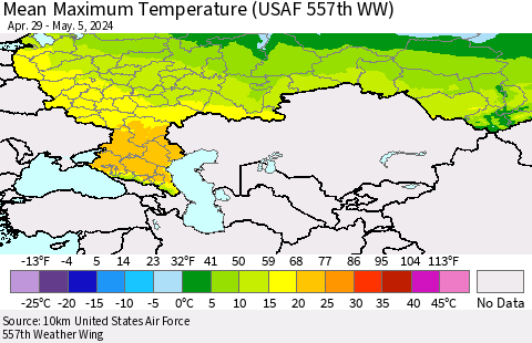 Russian Federation Mean Maximum Temperature (USAF 557th WW) Thematic Map For 4/29/2024 - 5/5/2024