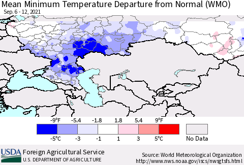 Russian Federation Mean Minimum Temperature Departure from Normal (WMO) Thematic Map For 9/6/2021 - 9/12/2021