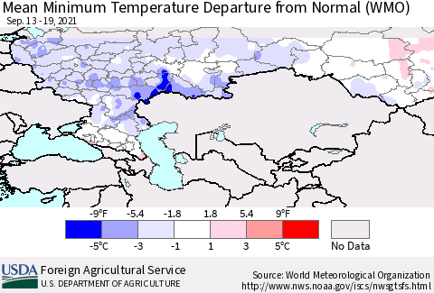Russian Federation Mean Minimum Temperature Departure from Normal (WMO) Thematic Map For 9/13/2021 - 9/19/2021