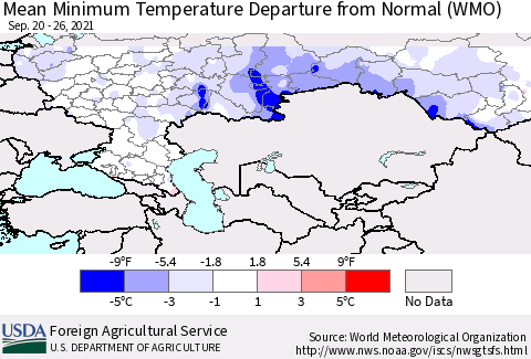 Russian Federation Mean Minimum Temperature Departure from Normal (WMO) Thematic Map For 9/20/2021 - 9/26/2021