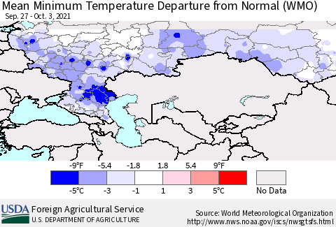 Russian Federation Mean Minimum Temperature Departure from Normal (WMO) Thematic Map For 9/27/2021 - 10/3/2021