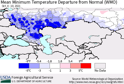 Russian Federation Mean Minimum Temperature Departure from Normal (WMO) Thematic Map For 10/4/2021 - 10/10/2021