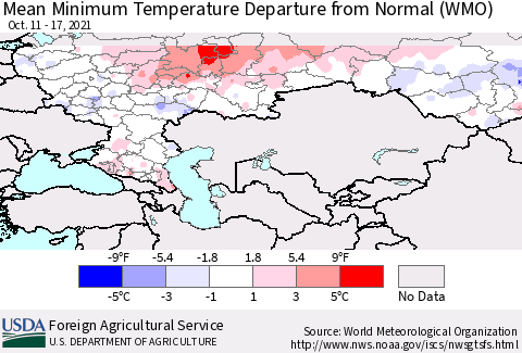 Russian Federation Mean Minimum Temperature Departure from Normal (WMO) Thematic Map For 10/11/2021 - 10/17/2021