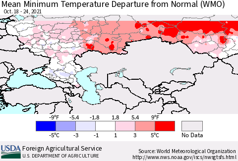 Russian Federation Mean Minimum Temperature Departure from Normal (WMO) Thematic Map For 10/18/2021 - 10/24/2021