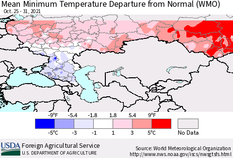 Russian Federation Mean Minimum Temperature Departure from Normal (WMO) Thematic Map For 10/25/2021 - 10/31/2021