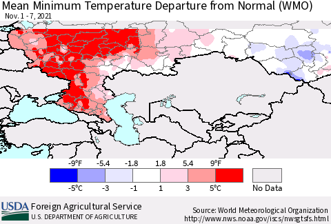 Russian Federation Mean Minimum Temperature Departure from Normal (WMO) Thematic Map For 11/1/2021 - 11/7/2021