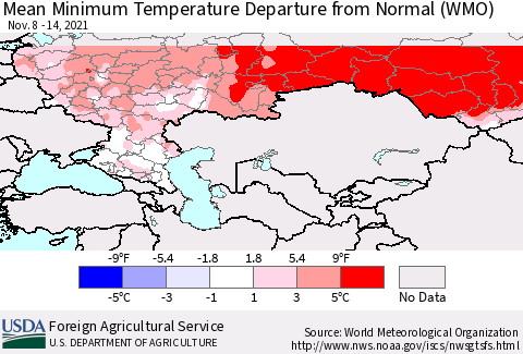 Russian Federation Mean Minimum Temperature Departure from Normal (WMO) Thematic Map For 11/8/2021 - 11/14/2021
