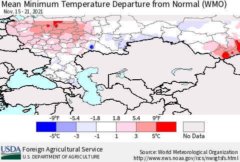 Russian Federation Mean Minimum Temperature Departure from Normal (WMO) Thematic Map For 11/15/2021 - 11/21/2021