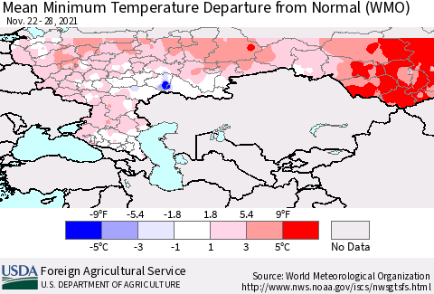 Russian Federation Mean Minimum Temperature Departure from Normal (WMO) Thematic Map For 11/22/2021 - 11/28/2021