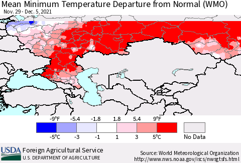Russian Federation Mean Minimum Temperature Departure from Normal (WMO) Thematic Map For 11/29/2021 - 12/5/2021
