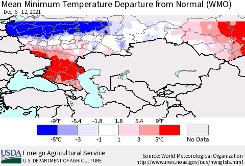 Russian Federation Mean Minimum Temperature Departure from Normal (WMO) Thematic Map For 12/6/2021 - 12/12/2021