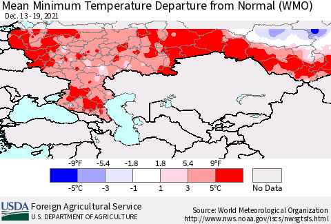 Russian Federation Mean Minimum Temperature Departure from Normal (WMO) Thematic Map For 12/13/2021 - 12/19/2021
