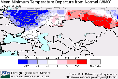 Russian Federation Mean Minimum Temperature Departure from Normal (WMO) Thematic Map For 12/20/2021 - 12/26/2021