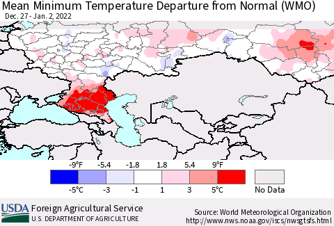 Russian Federation Mean Minimum Temperature Departure from Normal (WMO) Thematic Map For 12/27/2021 - 1/2/2022