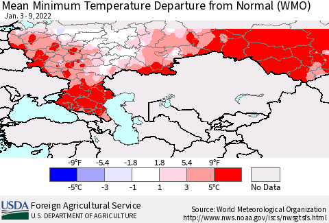 Russian Federation Mean Minimum Temperature Departure from Normal (WMO) Thematic Map For 1/3/2022 - 1/9/2022