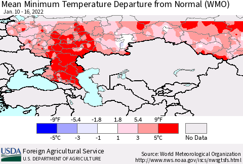Russian Federation Mean Minimum Temperature Departure from Normal (WMO) Thematic Map For 1/10/2022 - 1/16/2022