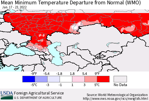 Russian Federation Mean Minimum Temperature Departure from Normal (WMO) Thematic Map For 1/17/2022 - 1/23/2022