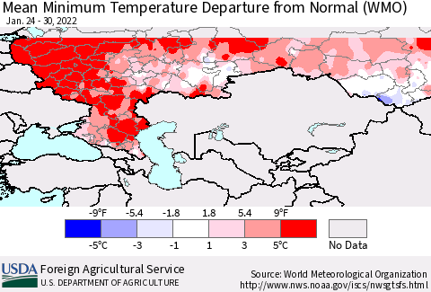 Russian Federation Mean Minimum Temperature Departure from Normal (WMO) Thematic Map For 1/24/2022 - 1/30/2022