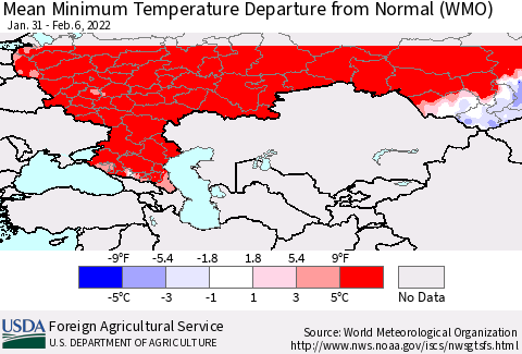 Russian Federation Mean Minimum Temperature Departure from Normal (WMO) Thematic Map For 1/31/2022 - 2/6/2022