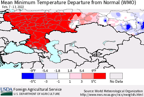 Russian Federation Mean Minimum Temperature Departure from Normal (WMO) Thematic Map For 2/7/2022 - 2/13/2022