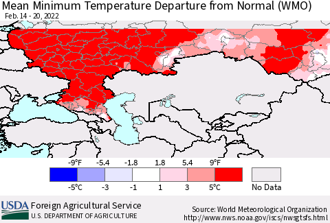 Russian Federation Mean Minimum Temperature Departure from Normal (WMO) Thematic Map For 2/14/2022 - 2/20/2022