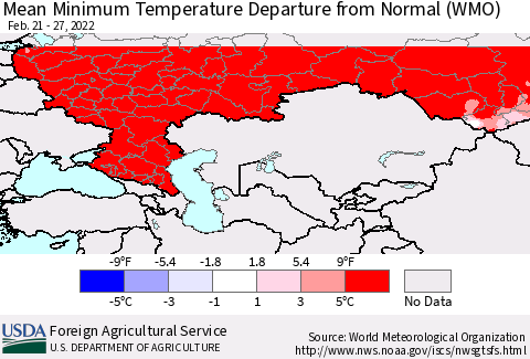 Russian Federation Mean Minimum Temperature Departure from Normal (WMO) Thematic Map For 2/21/2022 - 2/27/2022