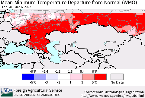 Russian Federation Mean Minimum Temperature Departure from Normal (WMO) Thematic Map For 2/28/2022 - 3/6/2022