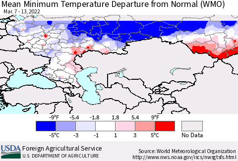 Russian Federation Mean Minimum Temperature Departure from Normal (WMO) Thematic Map For 3/7/2022 - 3/13/2022