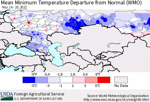 Russian Federation Mean Minimum Temperature Departure from Normal (WMO) Thematic Map For 3/14/2022 - 3/20/2022