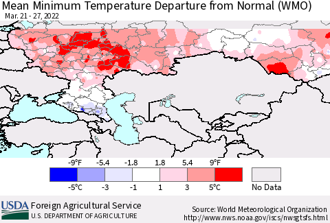 Russian Federation Mean Minimum Temperature Departure from Normal (WMO) Thematic Map For 3/21/2022 - 3/27/2022