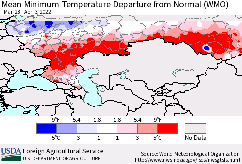 Russian Federation Mean Minimum Temperature Departure from Normal (WMO) Thematic Map For 3/28/2022 - 4/3/2022