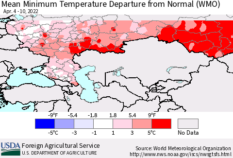 Russian Federation Mean Minimum Temperature Departure from Normal (WMO) Thematic Map For 4/4/2022 - 4/10/2022