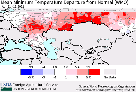 Russian Federation Mean Minimum Temperature Departure from Normal (WMO) Thematic Map For 4/11/2022 - 4/17/2022