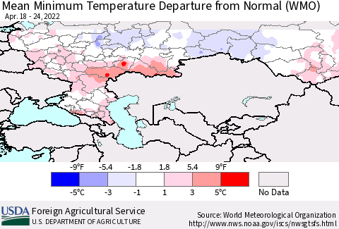 Russian Federation Mean Minimum Temperature Departure from Normal (WMO) Thematic Map For 4/18/2022 - 4/24/2022