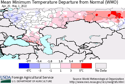 Russian Federation Mean Minimum Temperature Departure from Normal (WMO) Thematic Map For 4/25/2022 - 5/1/2022