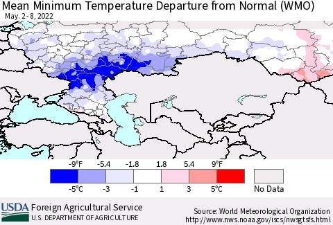 Russian Federation Mean Minimum Temperature Departure from Normal (WMO) Thematic Map For 5/2/2022 - 5/8/2022
