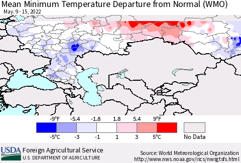Russian Federation Mean Minimum Temperature Departure from Normal (WMO) Thematic Map For 5/9/2022 - 5/15/2022