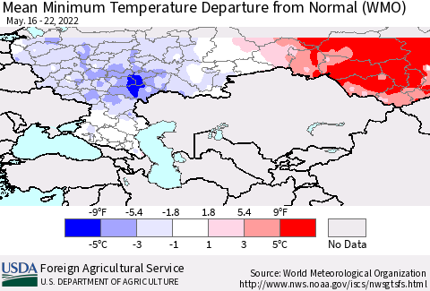 Russian Federation Mean Minimum Temperature Departure from Normal (WMO) Thematic Map For 5/16/2022 - 5/22/2022