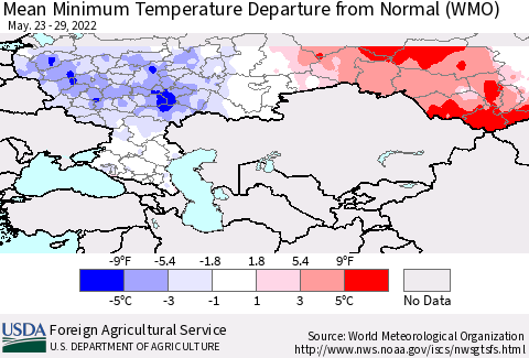 Russian Federation Mean Minimum Temperature Departure from Normal (WMO) Thematic Map For 5/23/2022 - 5/29/2022