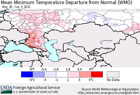 Russian Federation Mean Minimum Temperature Departure from Normal (WMO) Thematic Map For 5/30/2022 - 6/5/2022