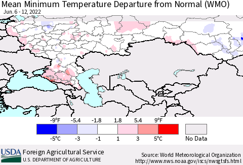 Russian Federation Mean Minimum Temperature Departure from Normal (WMO) Thematic Map For 6/6/2022 - 6/12/2022