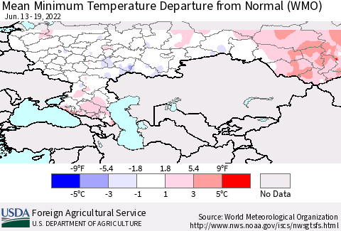 Russian Federation Mean Minimum Temperature Departure from Normal (WMO) Thematic Map For 6/13/2022 - 6/19/2022
