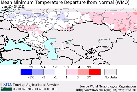 Russian Federation Mean Minimum Temperature Departure from Normal (WMO) Thematic Map For 6/20/2022 - 6/26/2022