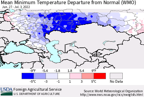 Russian Federation Mean Minimum Temperature Departure from Normal (WMO) Thematic Map For 6/27/2022 - 7/3/2022